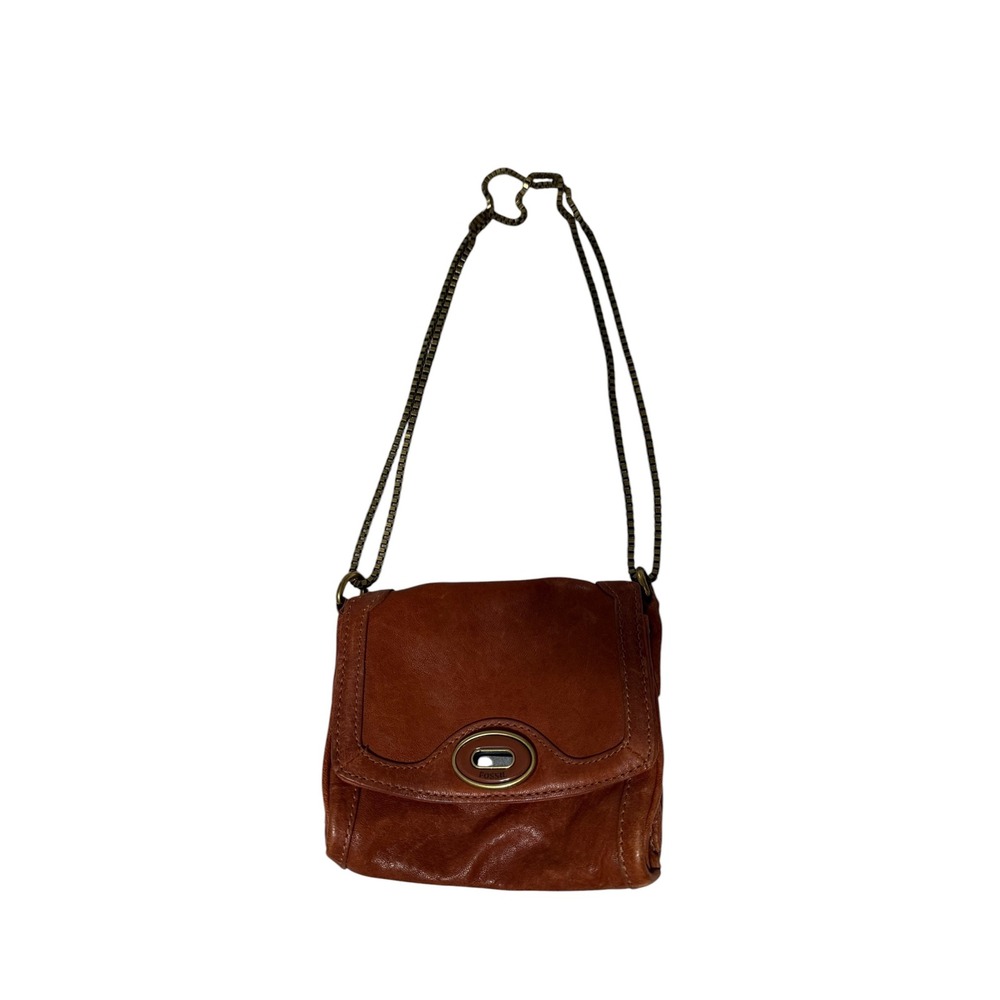 Fossil‎ Womens Cognac Leather Shoulder Bag Brass Chain Strap Turnlock Brown